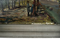 20th century signed, unrestored oil on canvas painting of the Eiffel Tower with a pair of Parisian lovers under an avenue of trees in Autumnal leaf along the River Seine.