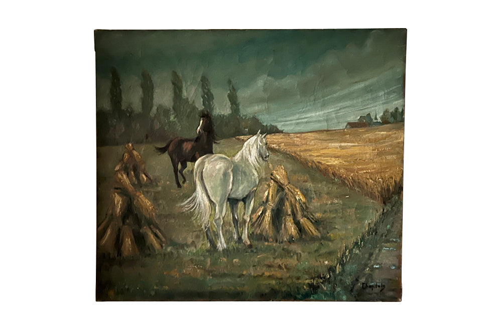 Signed oil on canvas painting of a pair of horses in a hay field with poplar trees and farmhouse 