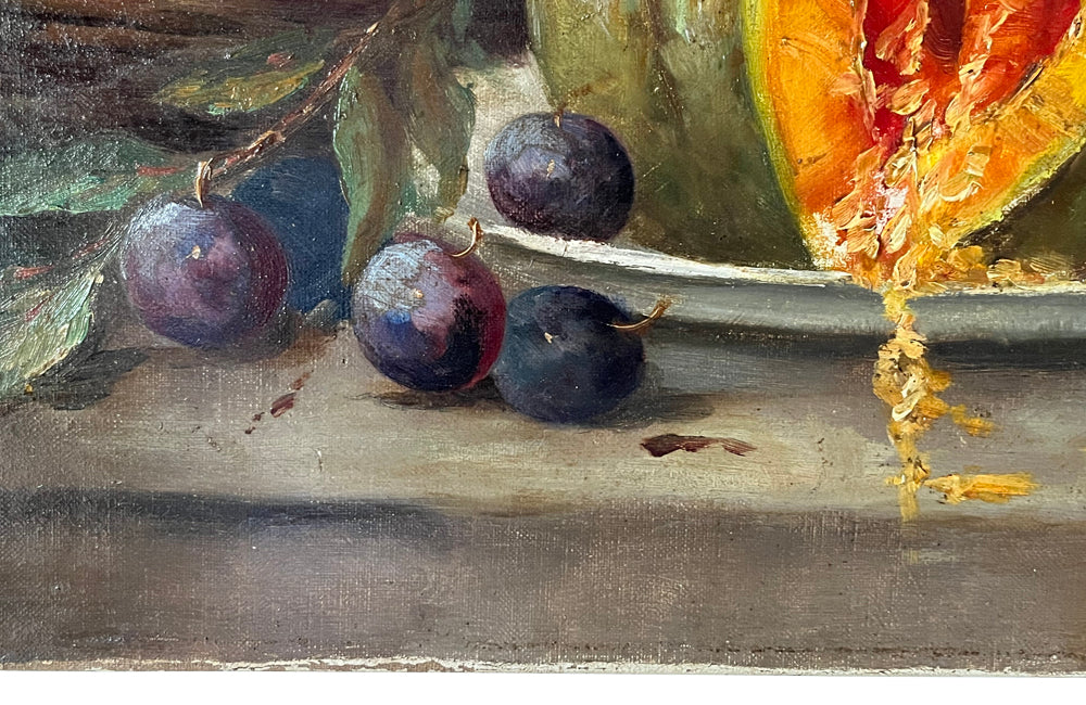 Beautiful 19th Century French oil on canvas painting of an open melon on a creamware plate with a basket of plum