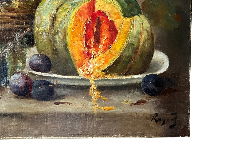 Beautiful 19th Century French oil on canvas painting of an open melon on a creamware plate with a basket of plum