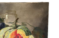 Beautiful 19th Century French oil on canvas painting of an open melon on a creamware plate with a basket of plum