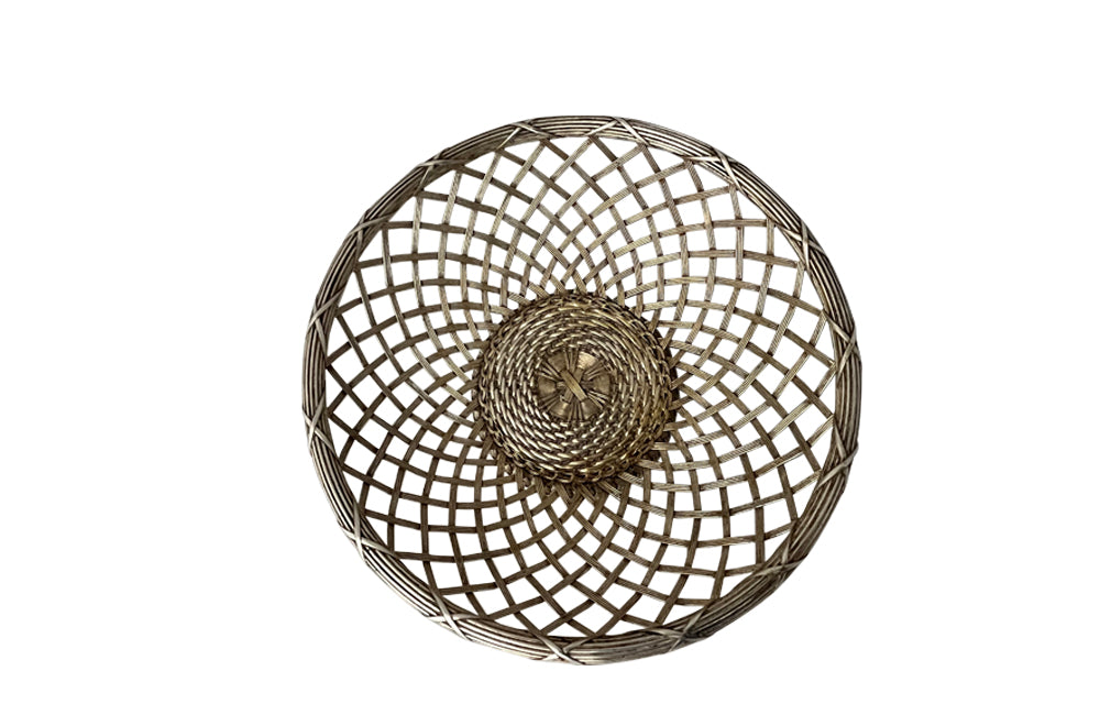 20th century round French silver plate open weave bread basket with decorative rim in the Neo-Classical style on raised base.