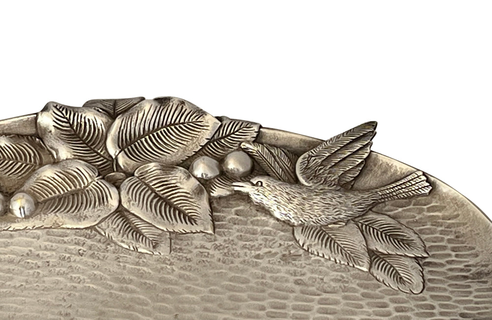 20th century charming small silver plate tray beautifully decorated with a pair of birds in a fruit cherry tree enjoying the berries.