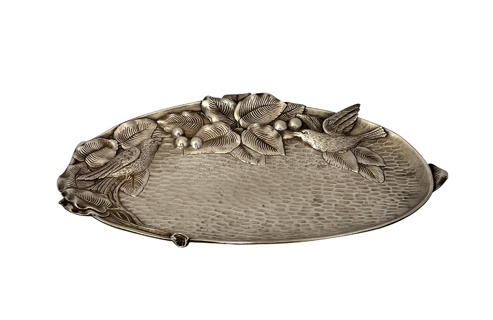 20th century charming small silver plate tray beautifully decorated with a pair of birds in a fruit cherry tree enjoying the berries.