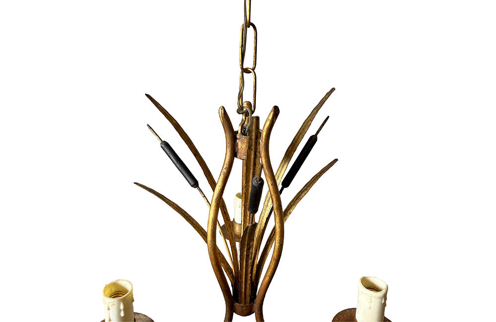 Charming little Hollywood Regency style, gilt metal, bulrush chandelier with black flower spikes.