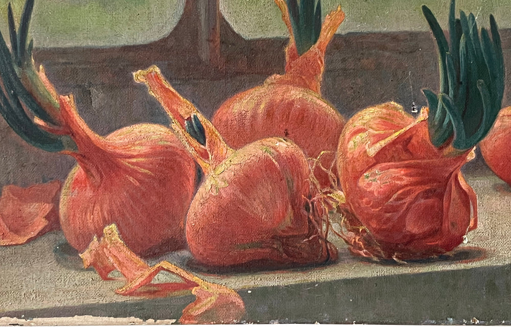 SMALL FRENCH STILL LIFE PAINTING OF ONIONS
