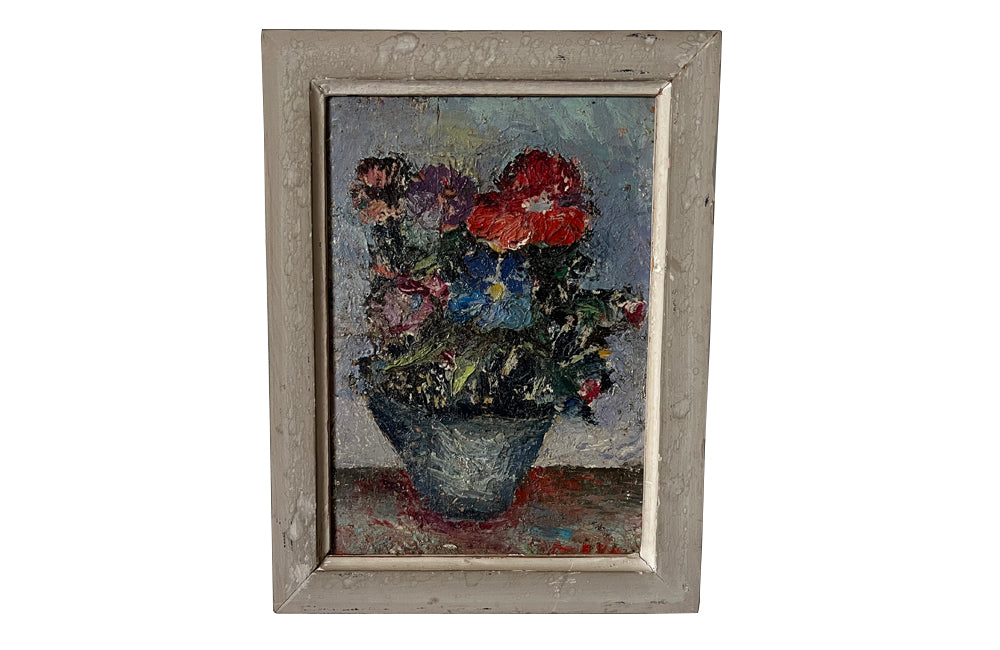 Antique oil painting still life painting of anemones oil on wood