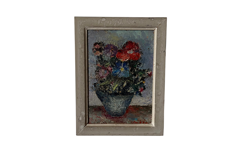 Antique oil painting still life painting of anemones oil on wood