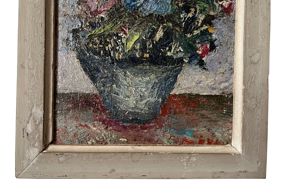 Antique oil painting still life painting of anemones oil on wood