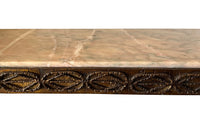 Mid 20th Century Spanish brutalist gilt iron console with pink Pyrenean marble with green veining.