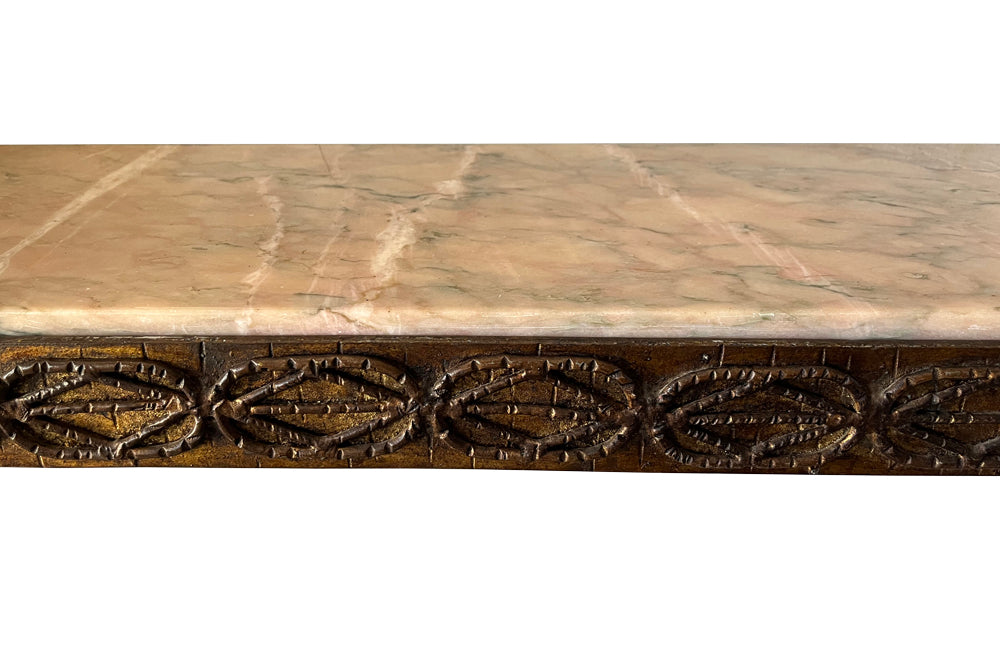 Mid 20th Century Spanish brutalist gilt iron console with pink Pyrenean marble with green veining.