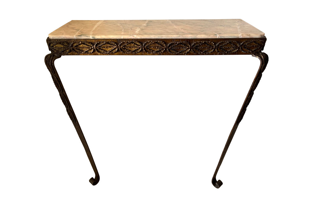 Mid 20th Century Spanish brutalist gilt iron console with pink Pyrenean marble with green veining.