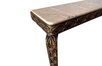 Mid 20th Century Spanish brutalist gilt iron console with pink Pyrenean marble with green veining.