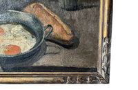 Lovely, French still life painting of fried eggs in a pan, a carafe of water, bottle of wine, glass, loaf of bread, ceramic cup and cloth napkin.