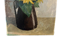 Unframed oil on canvas still-life painting of sunflowers in a pottery jug. Incised signature and date, Peche 83 - French Antiques