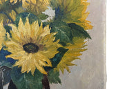 Unframed oil on canvas still-life painting of sunflowers in a pottery jug. Incised signature and date, Peche 83 - French Antiques