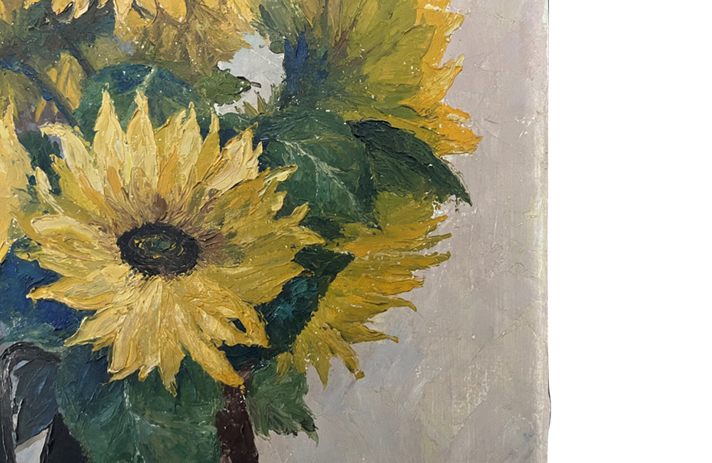 Unframed oil on canvas still-life painting of sunflowers in a pottery jug. Incised signature and date, Peche 83 - French Antiques