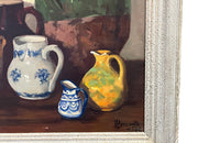 20th century still life painting of pottery and a glass cider jug - French Antiques
