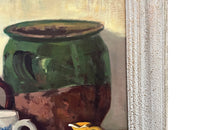 20th century still life painting of pottery and a glass cider jug - French Antiques