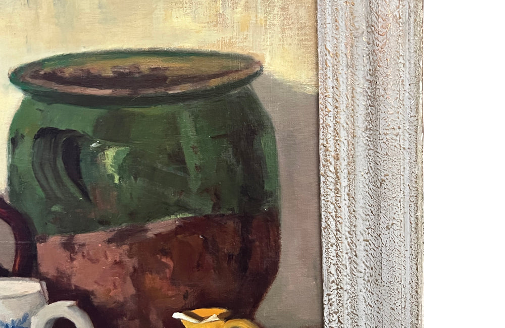 20th century still life painting of pottery and a glass cider jug - French Antiques