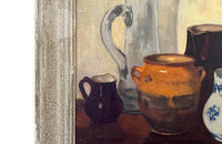 20th century still life painting of pottery and a glass cider jug - French Antiques
