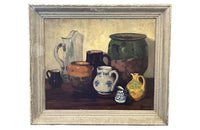 20th century still life painting of pottery and a glass cider jug - French Antiques