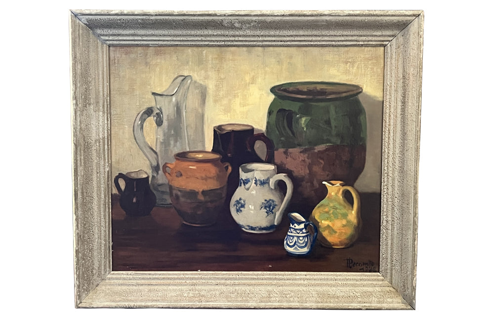 20th century still life painting of pottery and a glass cider jug - French Antiques