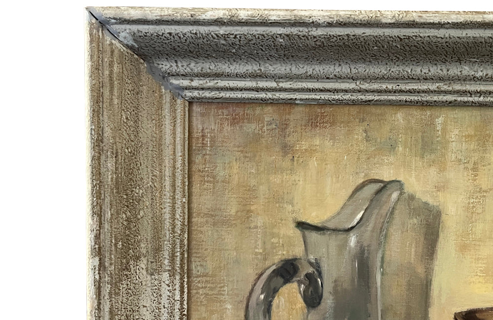 20th century still life painting of pottery and a glass cider jug - French Antiques