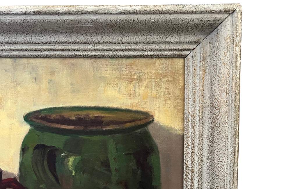 20th century still life painting of pottery and a glass cider jug - French Antiques