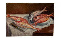 Vintage oil painting still life of fish. French oil painting.