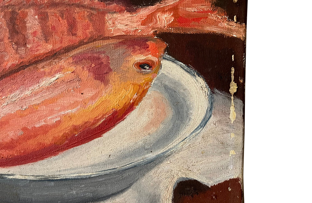 Vintage oil painting still life of fish. French oil painting.