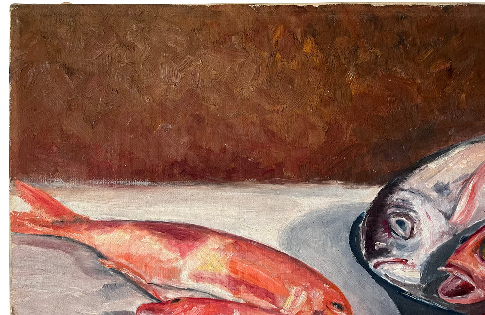 Vintage oil painting still life of fish. French oil painting.