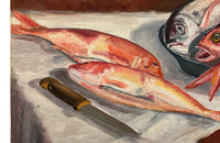Vintage oil painting still life of fish. French oil painting.