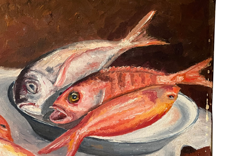 Vintage oil painting still life of fish. French oil painting.