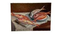 Vintage oil painting still life of fish. French oil painting.