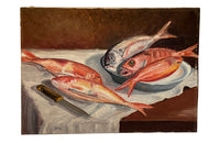 Vintage oil painting still life of fish. French oil painting.