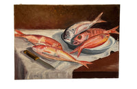 Vintage oil painting still life of fish. French oil painting.