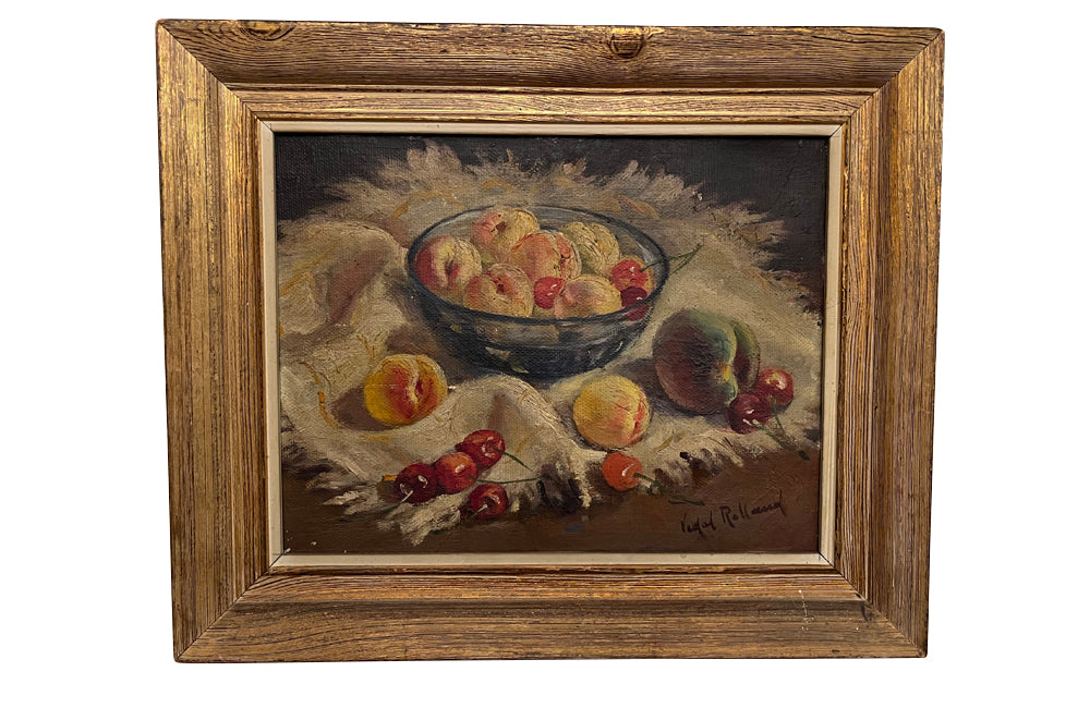 Framed still-life oil on board painting by the artist, Vidal Rolland