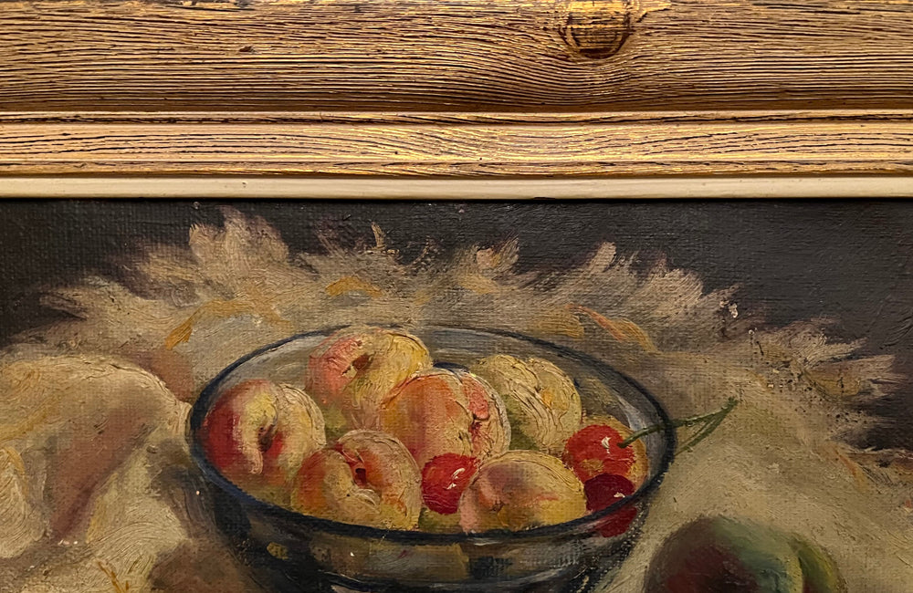 Framed still-life oil on board painting by the artist, Vidal Rolland