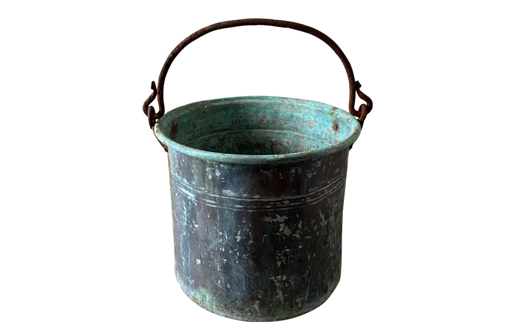 French copper tub with iron swing handle. Drainage holes for planter use. Early 1900s. AD & PS Antiques