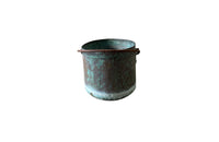 French copper vat planter with banded decoration and iron swing handle.  Drainage holes for planter use with lovely natural verdigris patination.  Early 1900s. AD & PS Antiques