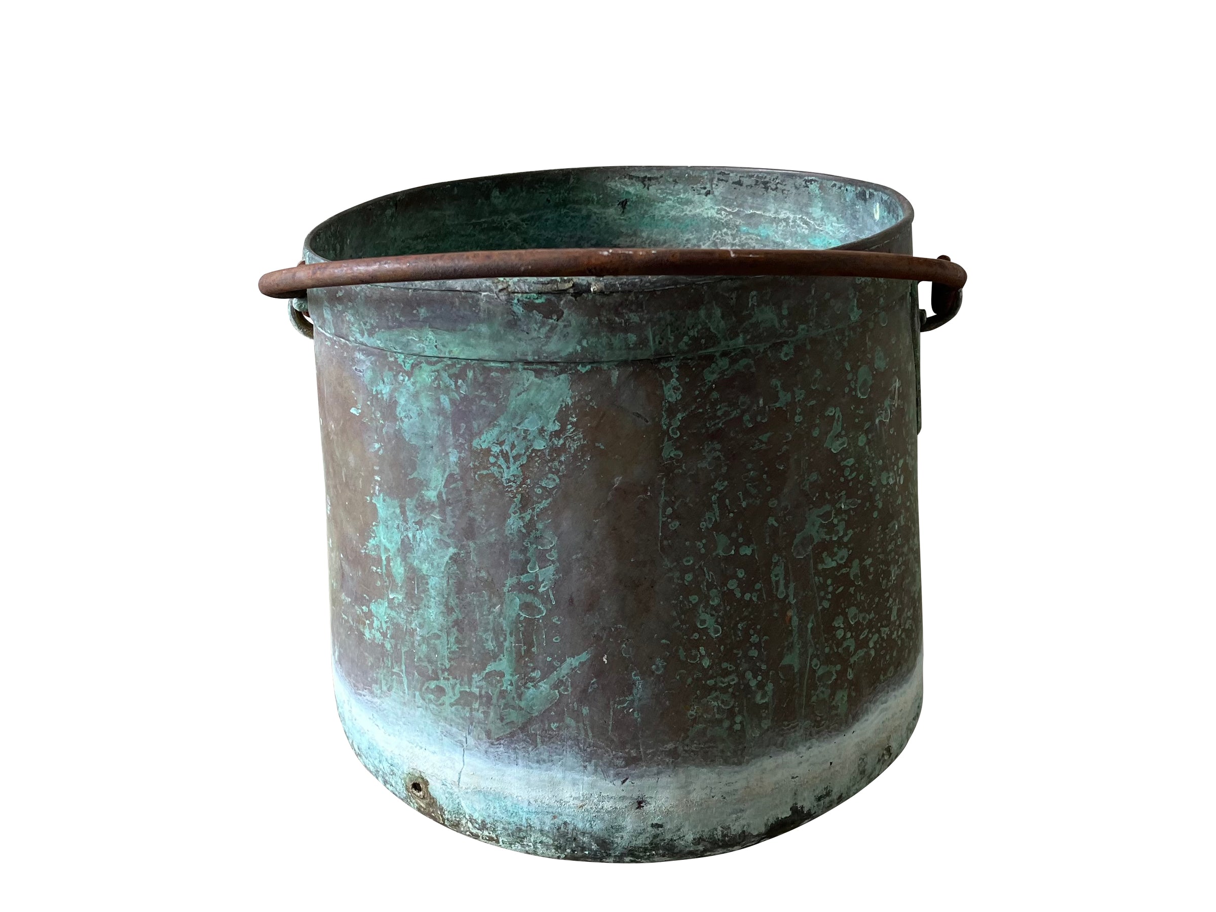 French copper vat planter with banded decoration and iron swing handle.  Drainage holes for planter use with lovely natural verdigris patination.  Early 1900s. AD & PS Antiques