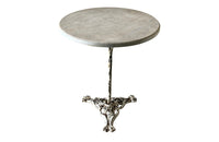 round iron based table with tripod base featuring Satyr masques and lions paw feet. with marble top. 