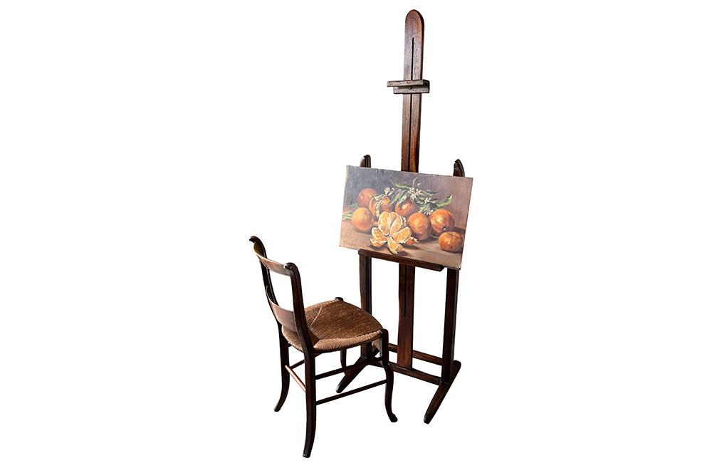 Charming rustic easel with sliding height adjustable shelf .