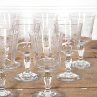 BEAUTIFUL SET OF NINE ETCHED WINE GLASSES