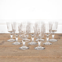 BEAUTIFUL SET OF NINE ETCHED WINE GLASSES