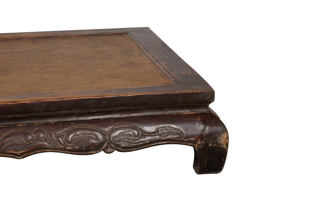 large antique northern Chinese Ming Dynasty style kang opium bed with cabriole legs and hand-carved frieze in scroll pattern C.1900