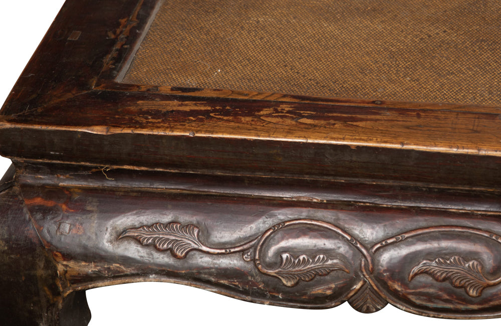 large antique northern Chinese Ming Dynasty style kang opium bed with cabriole legs and hand-carved frieze in scroll pattern C.1900