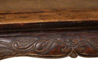 large antique northern Chinese Ming Dynasty style kang opium bed with cabriole legs and hand-carved frieze in scroll pattern C.1900