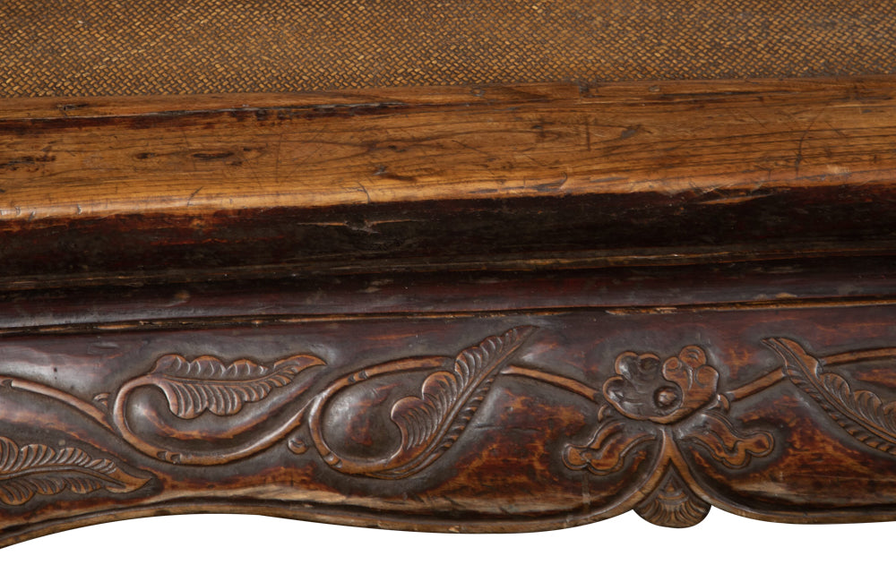 large antique northern Chinese Ming Dynasty style kang opium bed with cabriole legs and hand-carved frieze in scroll pattern C.1900